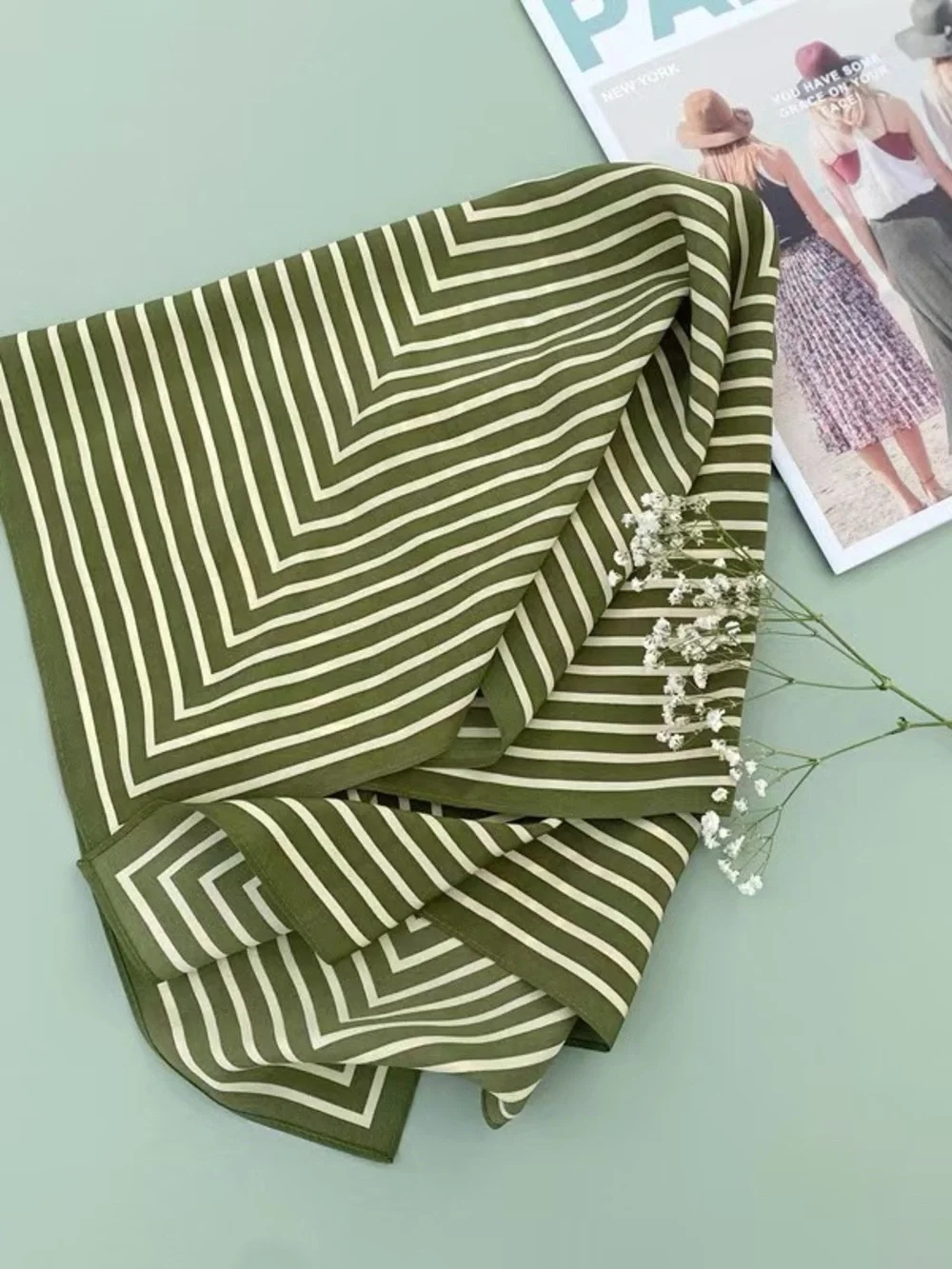 TOTEME Green & Cream Striped Square Scarf 22.4” x 22.4”
